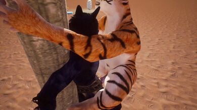 The lioness dominates the wolf in a fierce mating battle