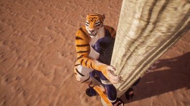 The lioness dominates the wolf in a fierce mating battle