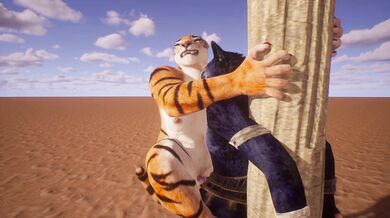 The lioness dominates the wolf in a fierce mating battle