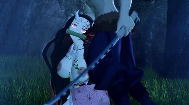 A young girl named Nezuko-chan who is dead and a ghost, is having an erotic moment with her own corpse in the morgue