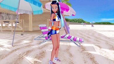 Watch Nessa, a sexy Pokemon trainer, as she strips off her clothes at the beach and plays with herself in the sand
