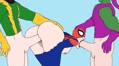 Watch as a sexy spider woman gets tied up and fucked in the ass by three horny dudes!