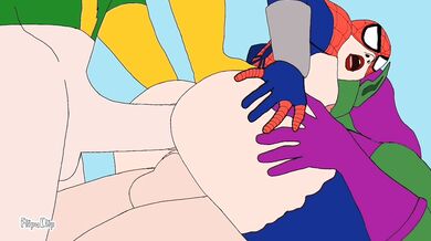 Watch as a sexy spider woman gets tied up and fucked in the ass by three horny dudes!