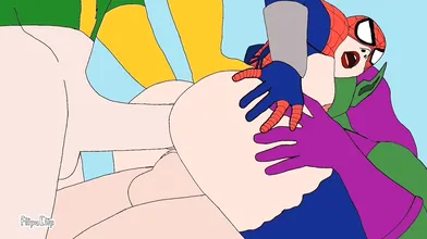 Watch as a sexy spider woman gets tied up and fucked in the ass by three horny dudes!