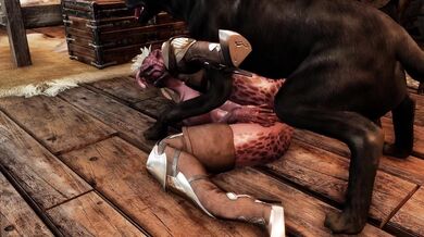 Rebecca, an Argonian huntress with a penchant for playing with her loyal dog, is caught by Lizard3469 during an erotic game of fetch
