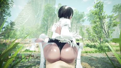 The sexy cyborg with the number 6 tattooed on her left butt cheek gets fucked by a gang of dark-haired dudes in a futuristic city