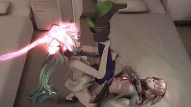 Miku, mind-controlled by Dyson MDD, assaults Mokona in an erotic hentai adventure