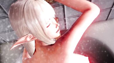 The wet and naked elf Lyriel explores her body in the shower, caressing every curve and dip of her supple skin