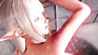 The wet and naked elf Lyriel explores her body in the shower, caressing every curve and dip of her supple skin