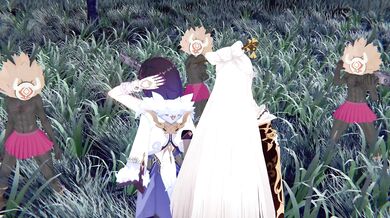 The young warrior Ningguang and the beautiful sorceress Yelan engage in a passionate lovemaking session amidst hilichurl swirling around them