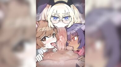 A group of friends have a threesome with Nemu in this hentai porn video Nemu and Friends: Triple Blowjob by Shikikat (2022) [Loop]