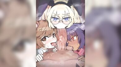 A group of friends have a threesome with Nemu in this hentai porn video Nemu and Friends: Triple Blowjob by Shikikat (2022) [Loop]