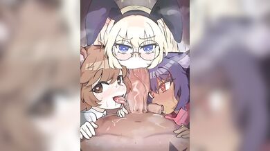 A group of friends have a threesome with Nemu in this hentai porn video Nemu and Friends: Triple Blowjob by Shikikat (2022) [Loop]