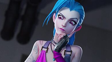 This sexy brunette, Jinx, is giving a blowjob to a handsome guy named Redmoa in this hentai porn video