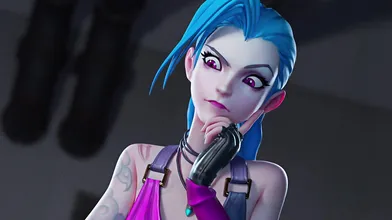 This sexy brunette, Jinx, is giving a blowjob to a handsome guy named Redmoa in this hentai porn video