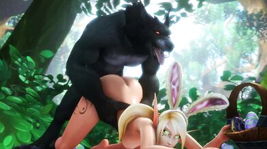 A buxom, blonde sorceress summons a wicked Worgen beast to ravage her body in the most depraved ways imaginable during an Easter-themed porn shoot