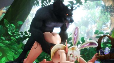 A buxom, blonde sorceress summons a wicked Worgen beast to ravage her body in the most depraved ways imaginable during an Easter-themed porn shoot