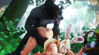 A buxom, blonde sorceress summons a wicked Worgen beast to ravage her body in the most depraved ways imaginable during an Easter-themed porn shoot
