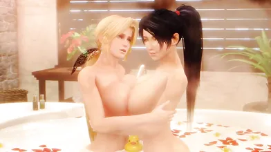 The forbidden love between Helena Douglas and Momiji, as they kiss passionately in the woods