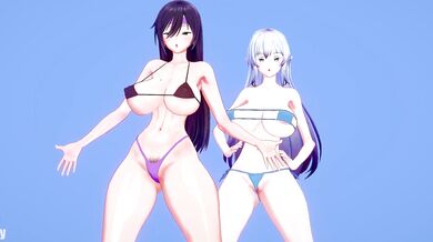 The Sultry Sessions of Black-Haired Kuro and Busty Anne at the Beach, Exercising in Micro Bikinis
