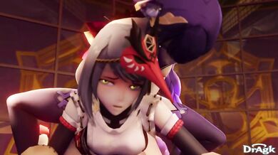 The Shogun Warriors Arataki, Itto and Raiden face off against the seductive Kujou Sara in a sexually charged battle of wills