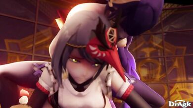 The Shogun Warriors Arataki, Itto and Raiden face off against the seductive Kujou Sara in a sexually charged battle of wills