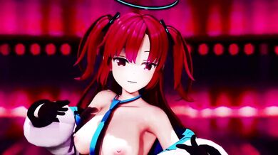 Hayase Yuuka: The Blue Queens Nude Half-Nude Dance with No Bra in Hentai MMD 3D Animation with Red Hair