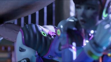 Watch as Dva, a sexy cosplay girl, rides her horse on the railings of a building during the night while The Bartender serves them drinks