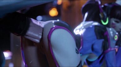 Watch as Dva, a sexy cosplay girl, rides her horse on the railings of a building during the night while The Bartender serves them drinks