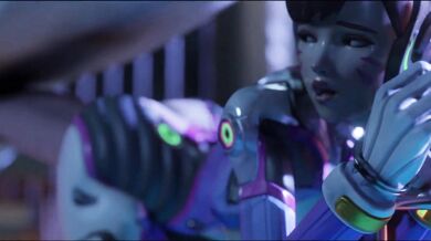 Watch as Dva, a sexy cosplay girl, rides her horse on the railings of a building during the night while The Bartender serves them drinks