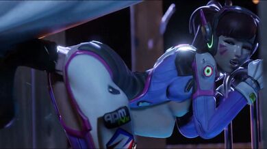 Watch as Dva, a sexy cosplay girl, rides her horse on the railings of a building during the night while The Bartender serves them drinks