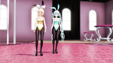 "Miku and Rin go bunny style in a sexy white lingerie, with the hottest diff-filtering effect!"