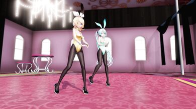 "Miku and Rin go bunny style in a sexy white lingerie, with the hottest diff-filtering effect!"