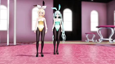 "Miku and Rin go bunny style in a sexy white lingerie, with the hottest diff-filtering effect!"