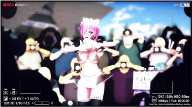 Watch the hot cosplayer with a cat in her hand get exposed while playing with herself in front of an audience