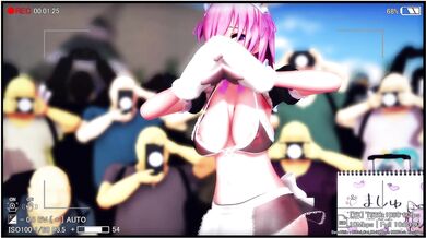 Watch the hot cosplayer with a cat in her hand get exposed while playing with herself in front of an audience