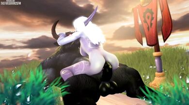 Sexy MILF gets gangbanged by Tauren males in the wild lands of Azeroth, and their massive cocks pound her wet pussy until she cums hard