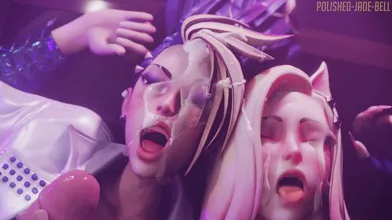 Watch Akali and Ahri engage in a sensual lesbian encounter, finishing with an explosive facial creampie!