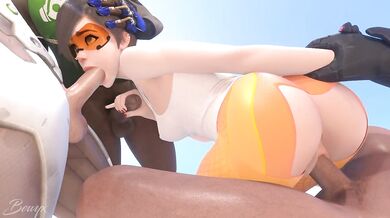Watch as Tracer from Overwatch takes on 3 massive cocks in this hot hentai porn scene!