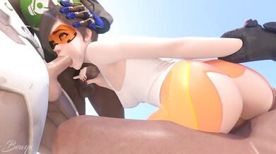Watch as Tracer from Overwatch takes on 3 massive cocks in this hot hentai porn scene!