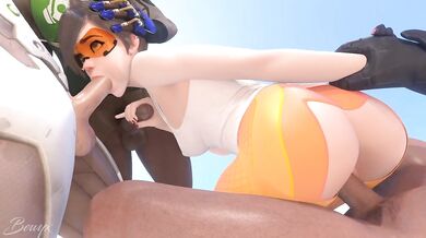 Watch as Tracer from Overwatch takes on 3 massive cocks in this hot hentai porn scene!