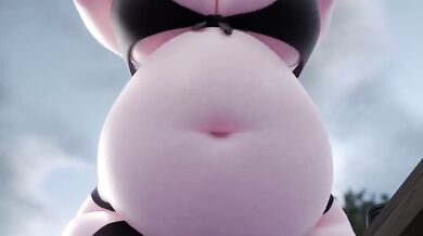 Hungry for more, Mei cant resist filling up her inflated belly with a garden hose!