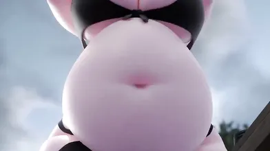 Hungry for more, Mei cant resist filling up her inflated belly with a garden hose!