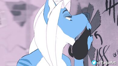 A hot and busty furry girl enthusiastically takes a horse cock down her throat in one quick gulp