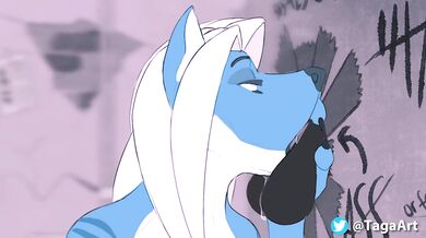 A hot and busty furry girl enthusiastically takes a horse cock down her throat in one quick gulp