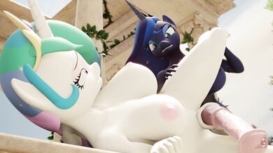 Luna, X and Celestia, sideways on a balcony with the view of [Insert sexual position here]