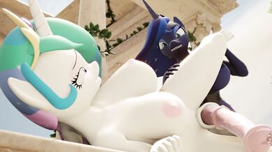Luna, X and Celestia, sideways on a balcony with the view of [Insert sexual position here]
