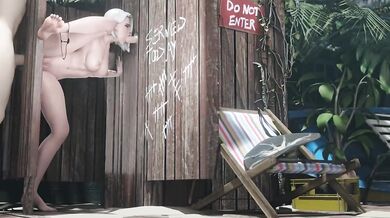 This is a hentai porn video featuring Ashe, where she takes advantage of a glory hole and ends up having multiple orgasms with various men