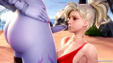 The Widowmaker takes aim with his rifle and fires a shot that hits the Mercy right in her sweet spot, causing her to moan in pleasure