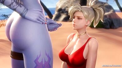 The Widowmaker takes aim with his rifle and fires a shot that hits the Mercy right in her sweet spot, causing her to moan in pleasure